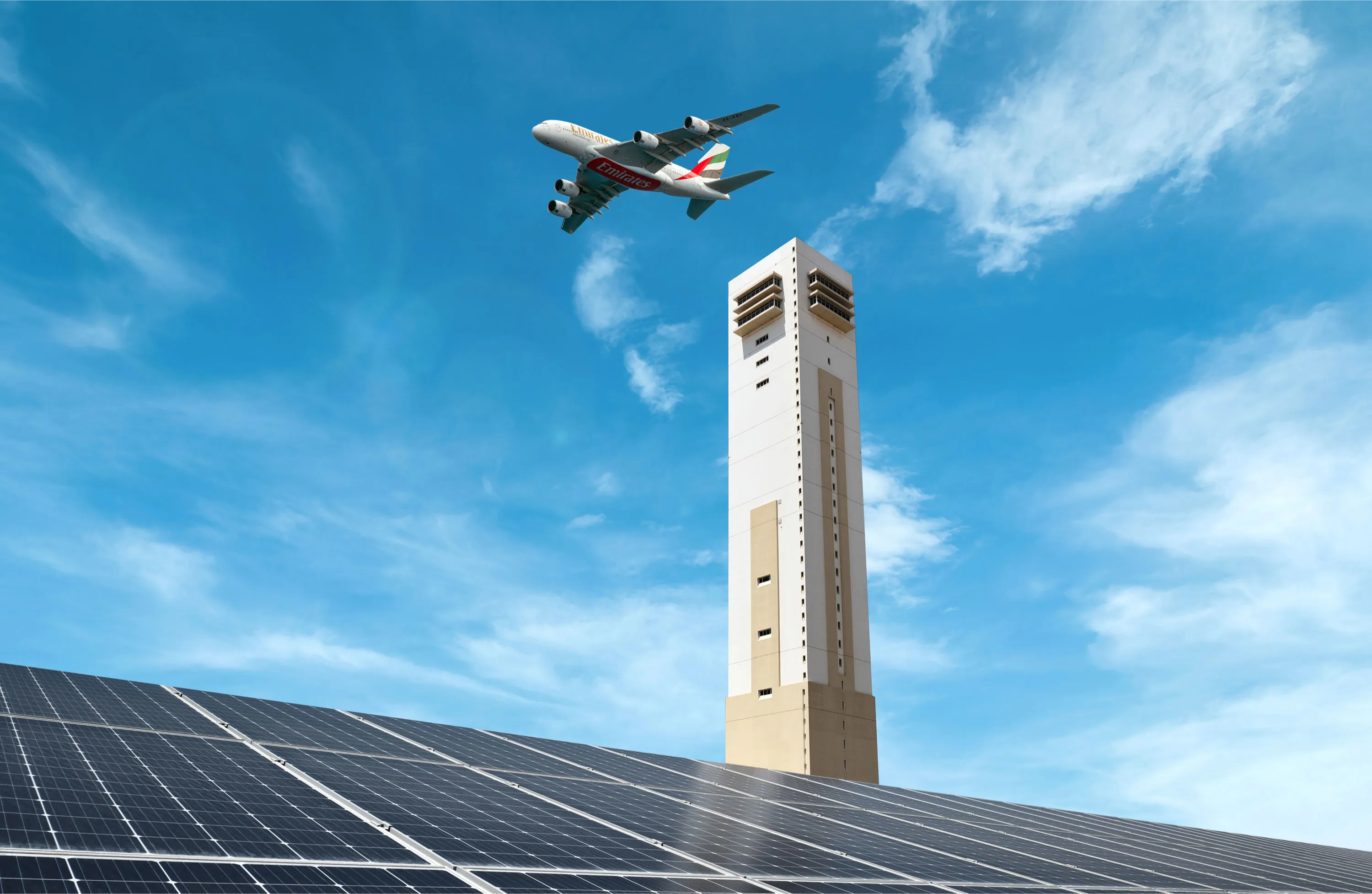 Ducab HV Tower alongside solar panels representing renewable energy